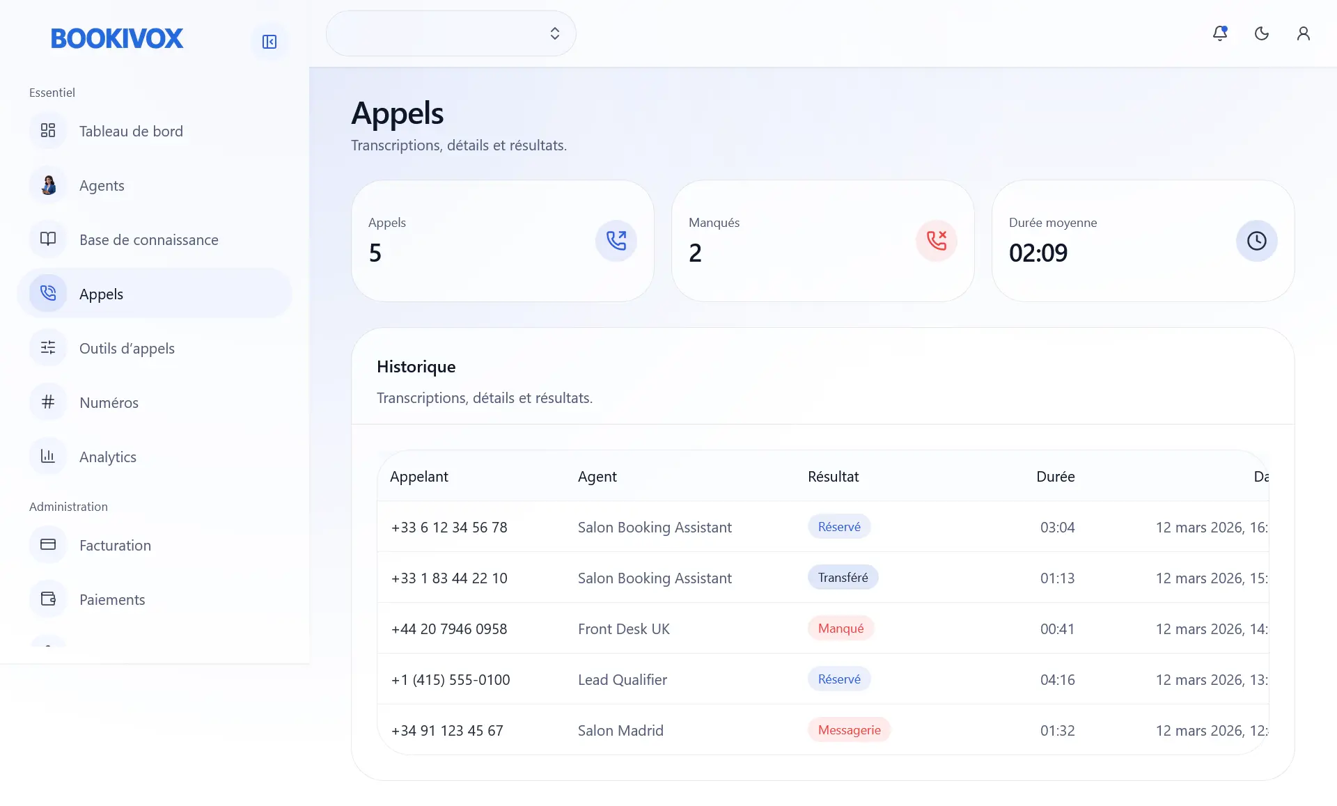 Interface de gestion des appels Bookivox en temps réel